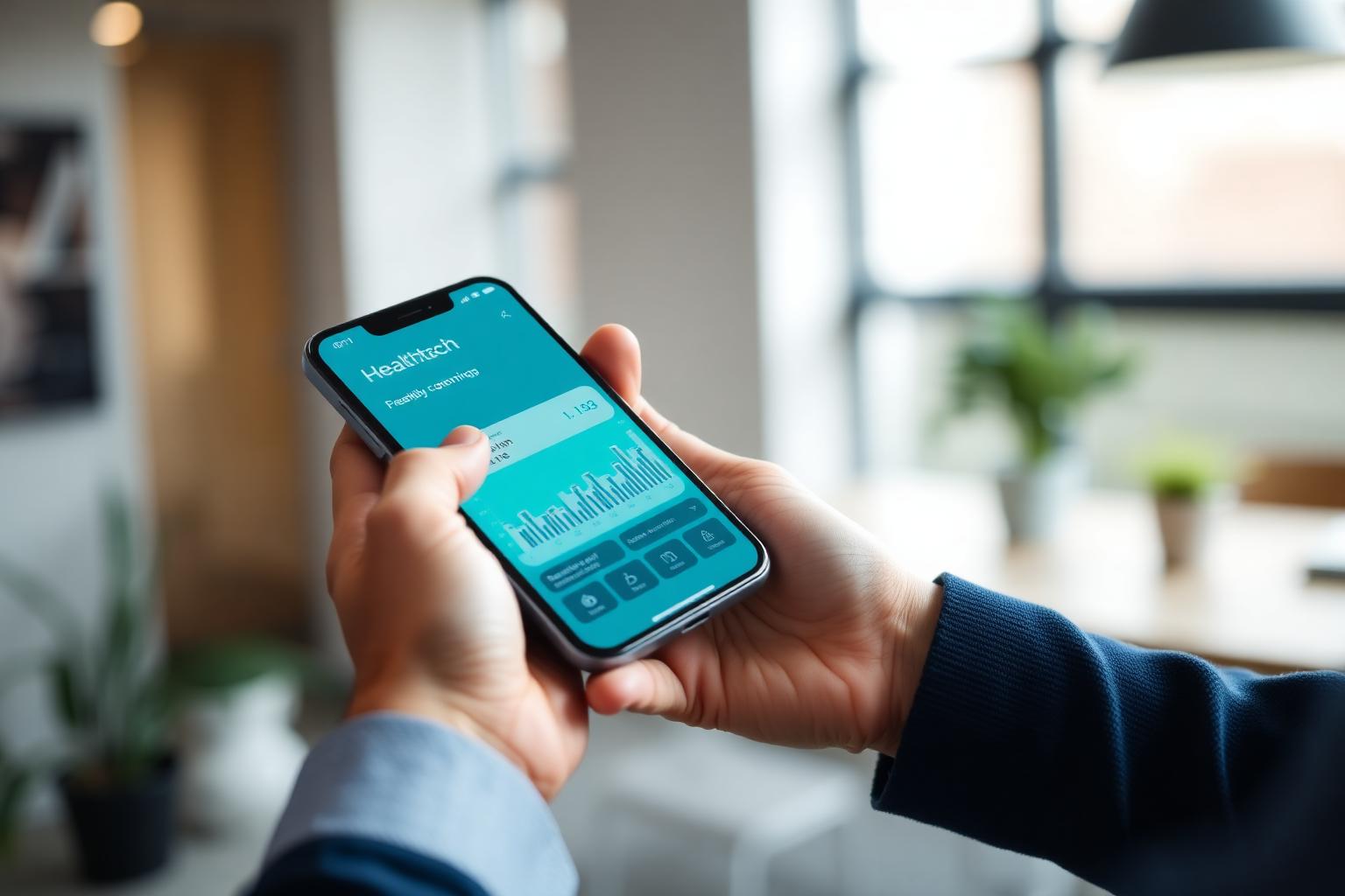 Profissional de saúde utilizando aplicativo de healthtech em smartphone durante atendimento