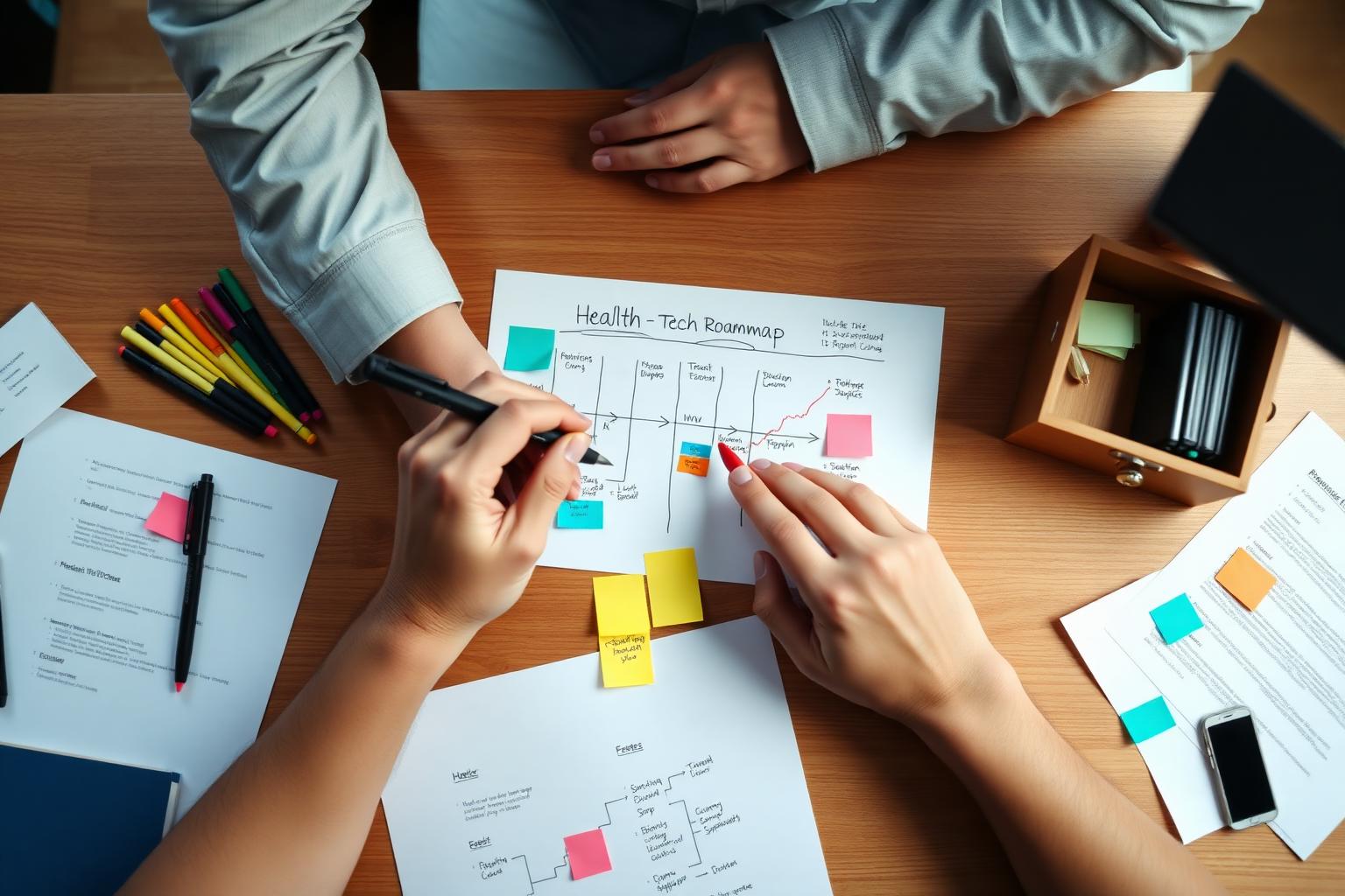 Roadmap de produto de healthtech desenhado em quadro com etapas de discovery, MVP e validação clínica