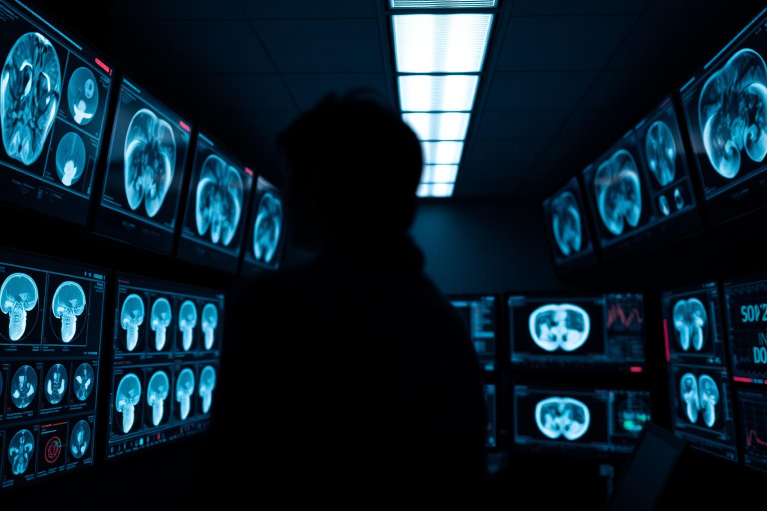 Radiologista analisando exames de imagem médica com apoio de inteligência artificial em telas duplas