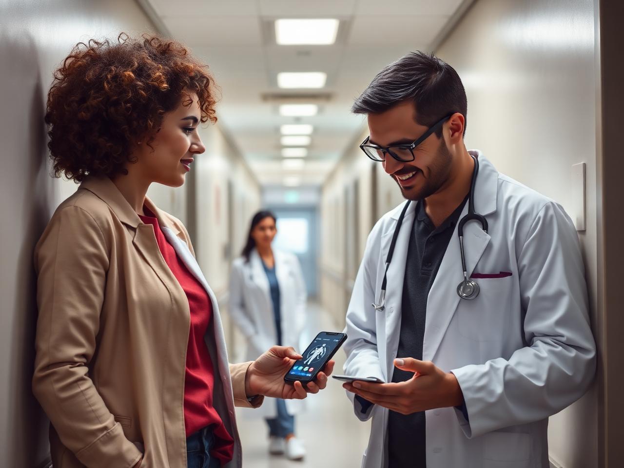 Founders de startup de saúde validando protótipo de app com médica em corredor hospitalar