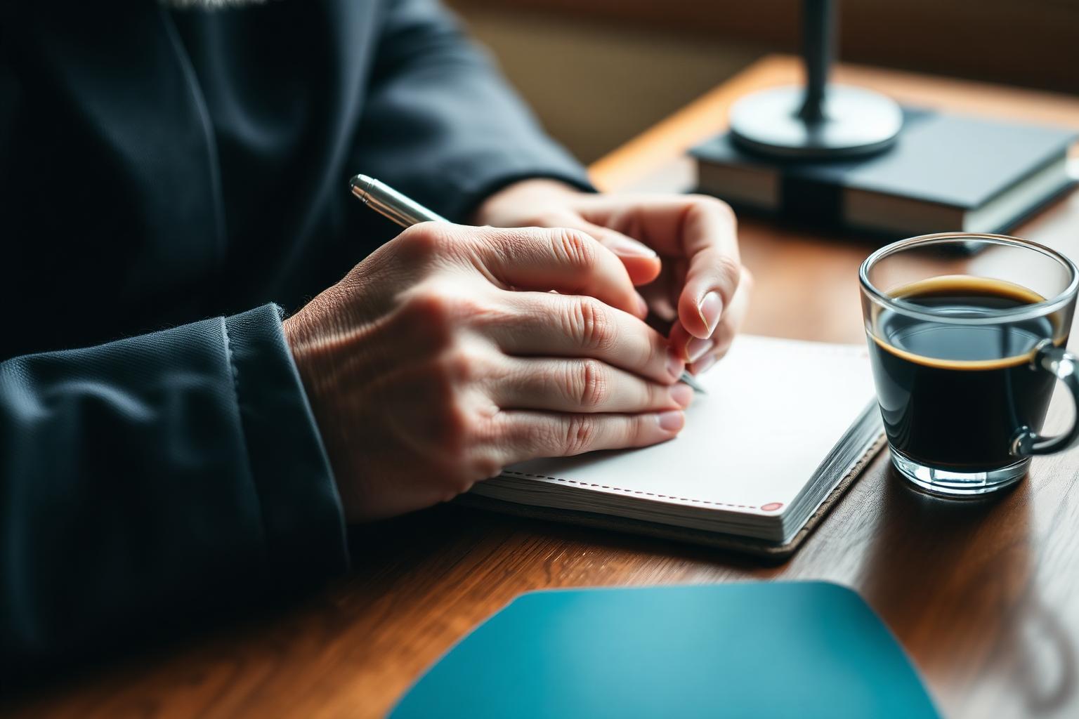 Notas e framework de mentoria em caderno durante sessão 1:1 com founder de startup de saúde