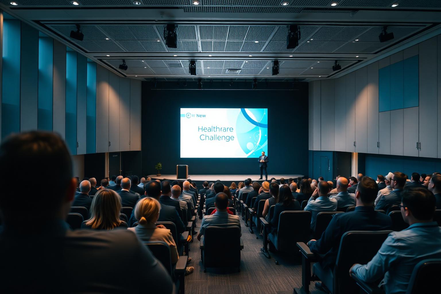 Founders apresentando soluções no Demo Day de Missions Inovmed para plateia de executivos e investidores