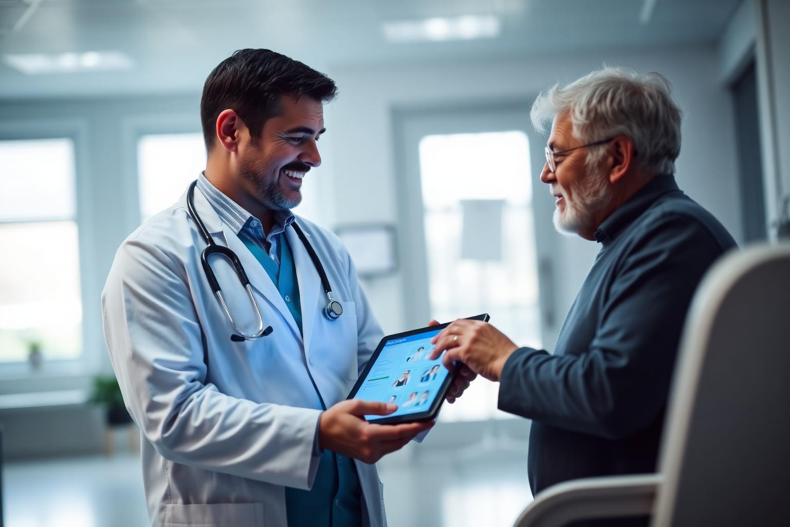 Médico apresentando informações de saúde em tablet a paciente idoso — tecnologia a serviço do cuidado humano